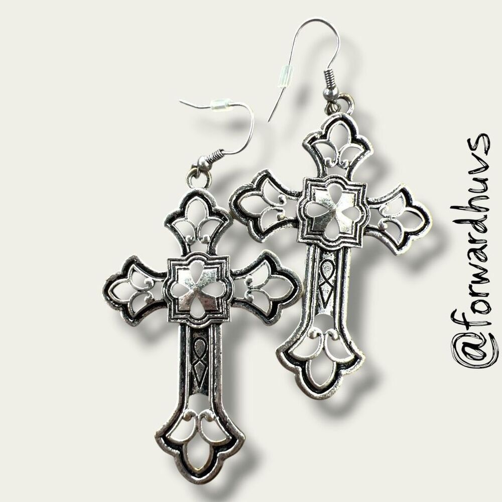 Bundle Sale 3 for $15 | Large Silver-Tone Cross Earrings – Statement Size